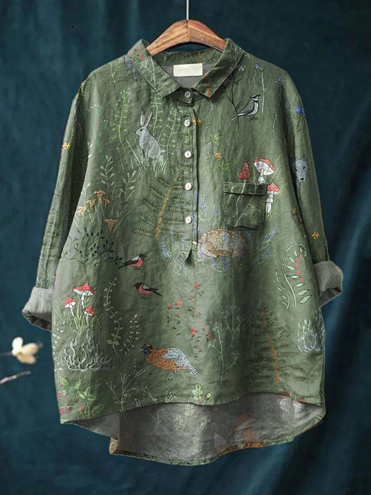 Averill | Meadow and Animals Repeated Pattern Printed Women's Everyday Shirt