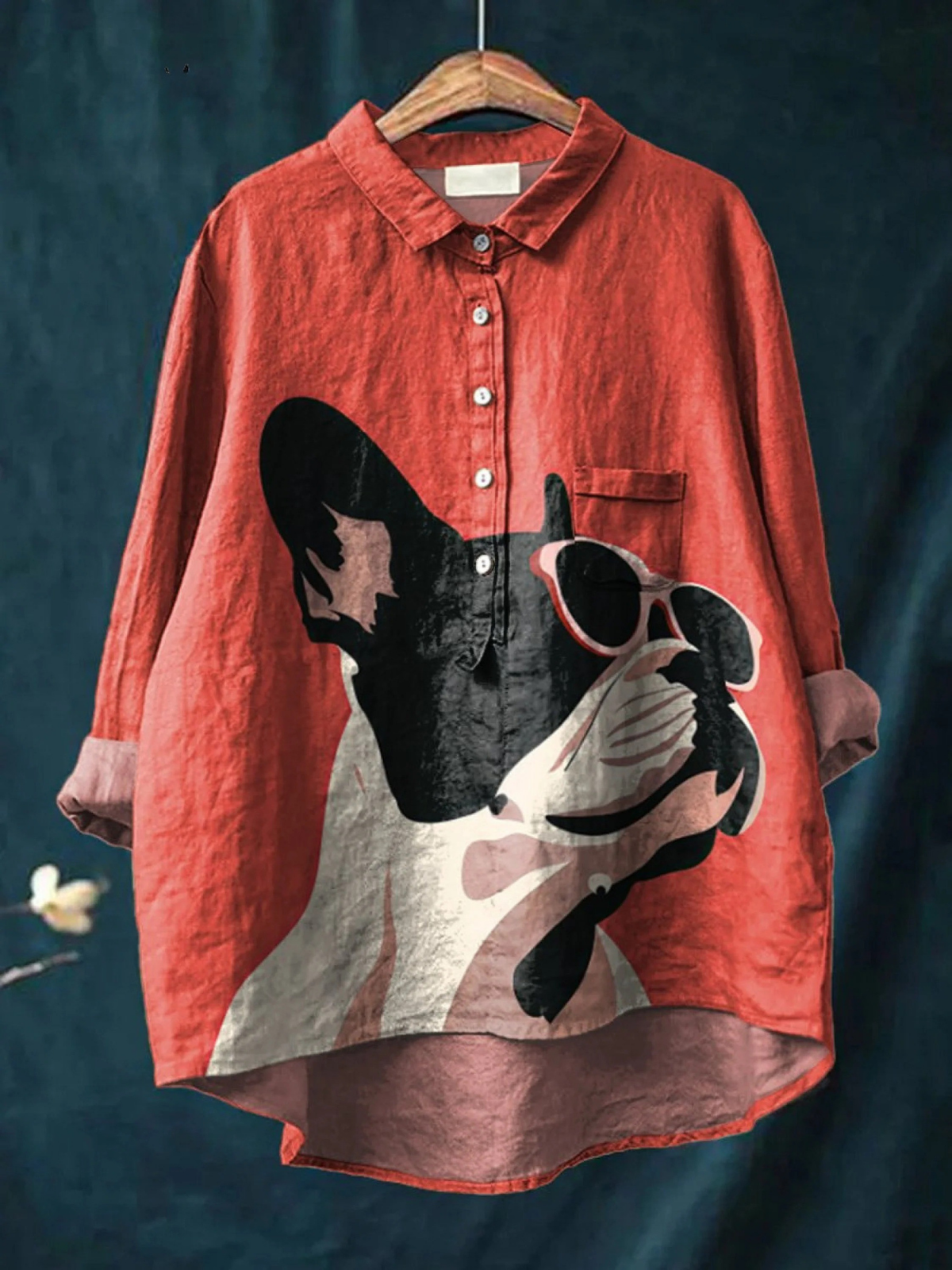 Samantha | Decorative pattern of a French bulldog wearing glasses on a red background, everyday shirt