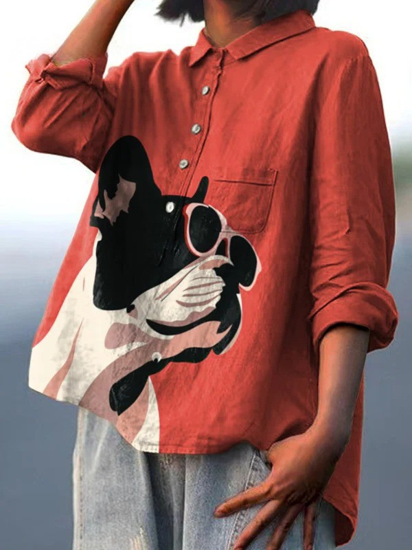Samantha | Decorative pattern of a French bulldog wearing glasses on a red background, everyday shirt