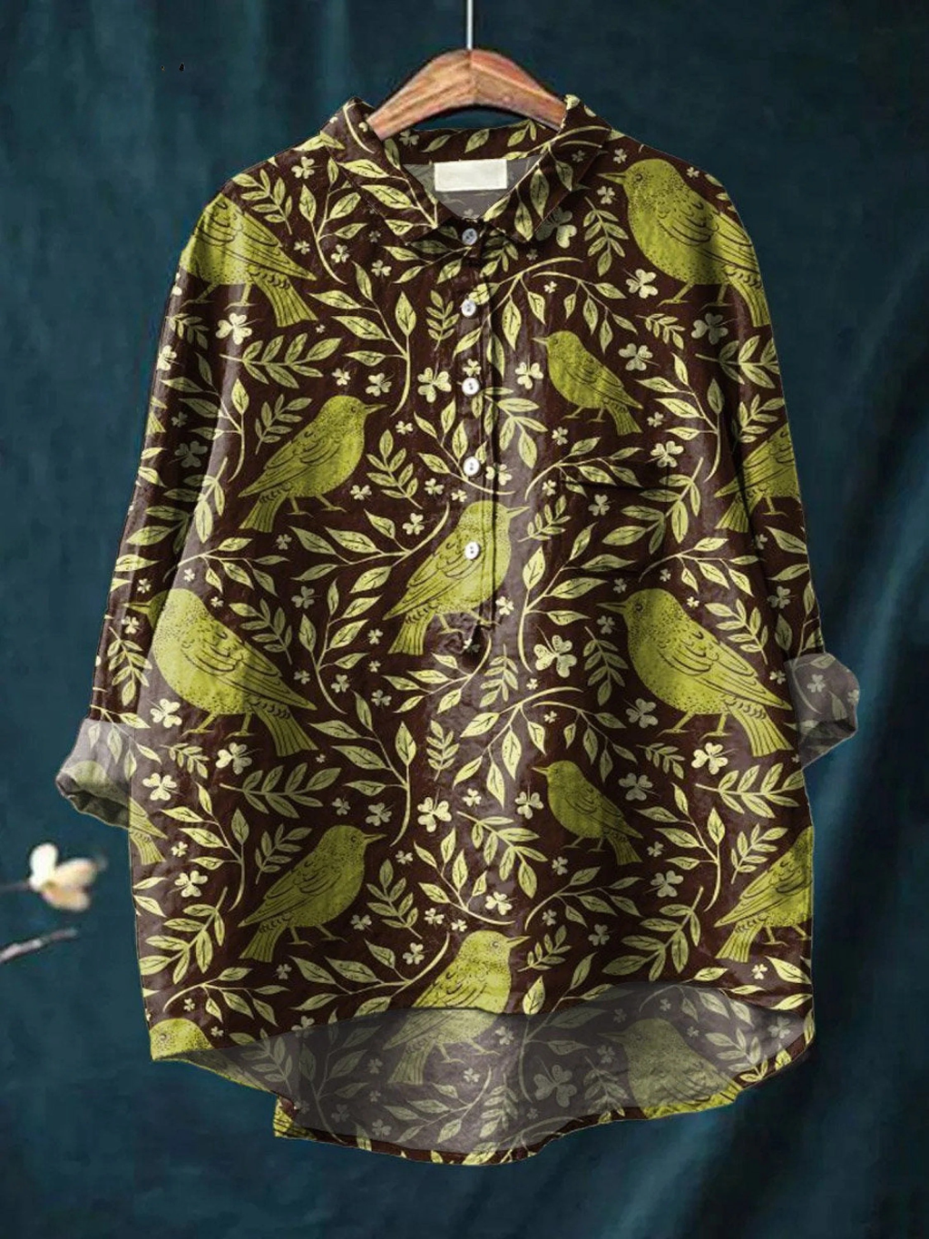 Nora | Women's Vintage Floral Bird Art Print Casual Shirt