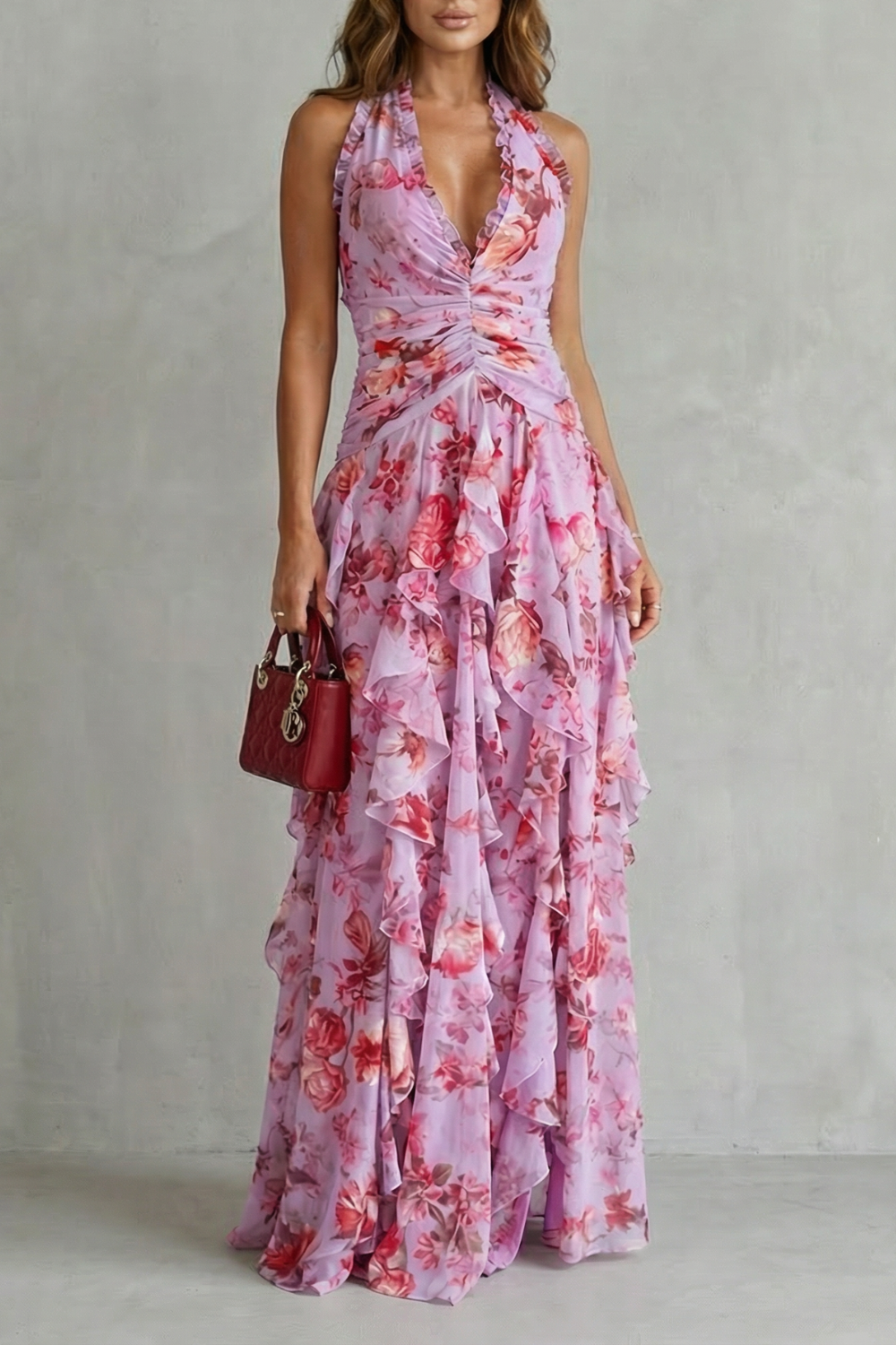 Belladina | Romantic Cascading Rose Maxi Dress with American Neckline