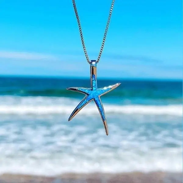 Silver Starfish Pendant Necklace with Blue Opal