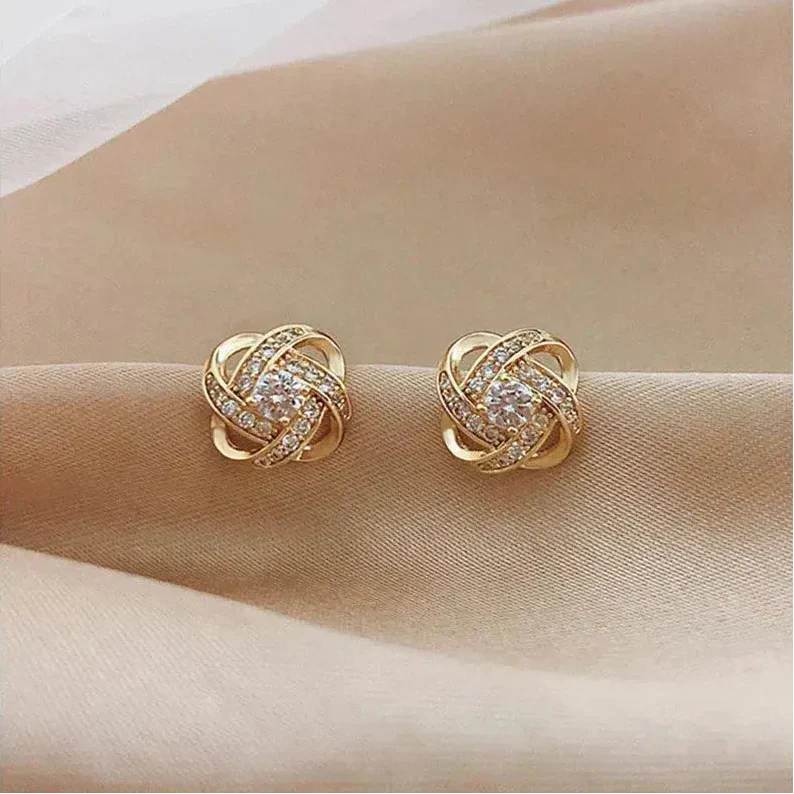 Gold Spiral Floral Earrings with Crystals