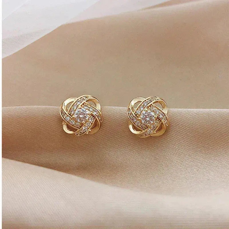 Gold Spiral Floral Earrings with Crystals