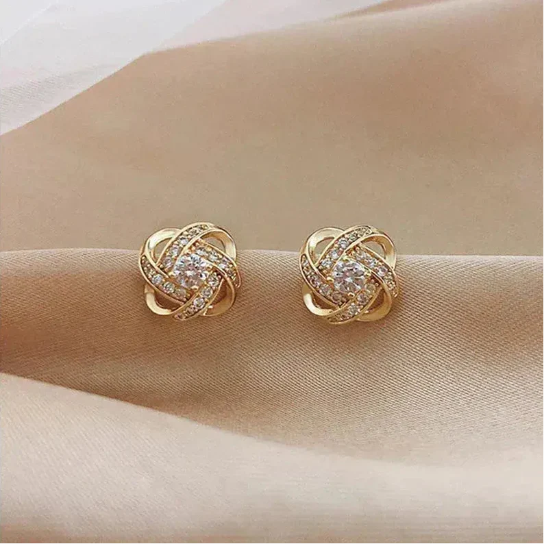 Gold Spiral Floral Earrings with Crystals