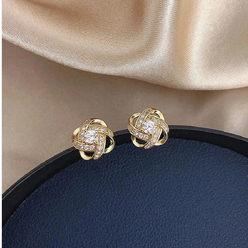 Gold Spiral Floral Earrings with Crystals