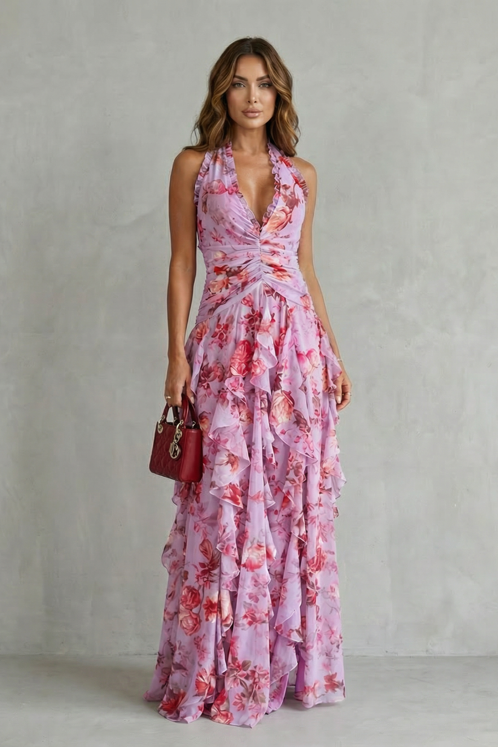 Belladina | Romantic Cascading Rose Maxi Dress with American Neckline