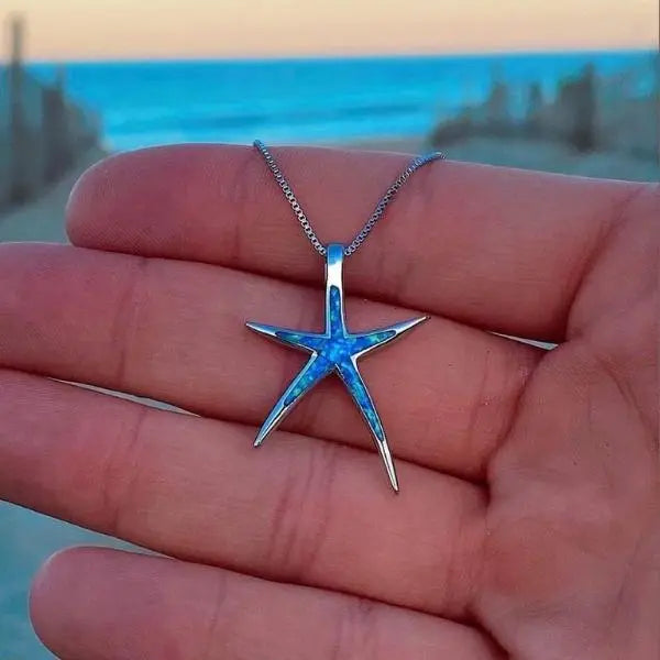 Silver Starfish Pendant Necklace with Blue Opal