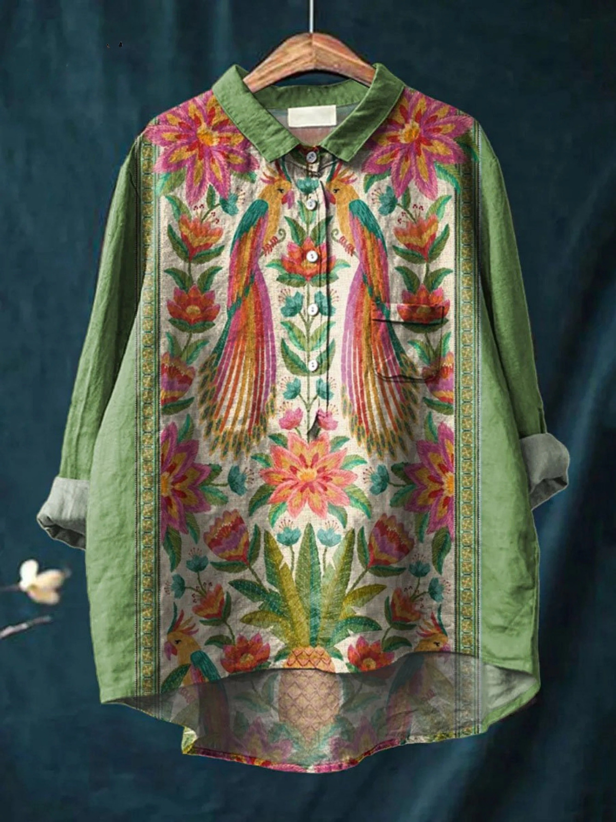 Emerson | Women's Vintage Beautiful Floral Birds Art Print Detailed Shirt