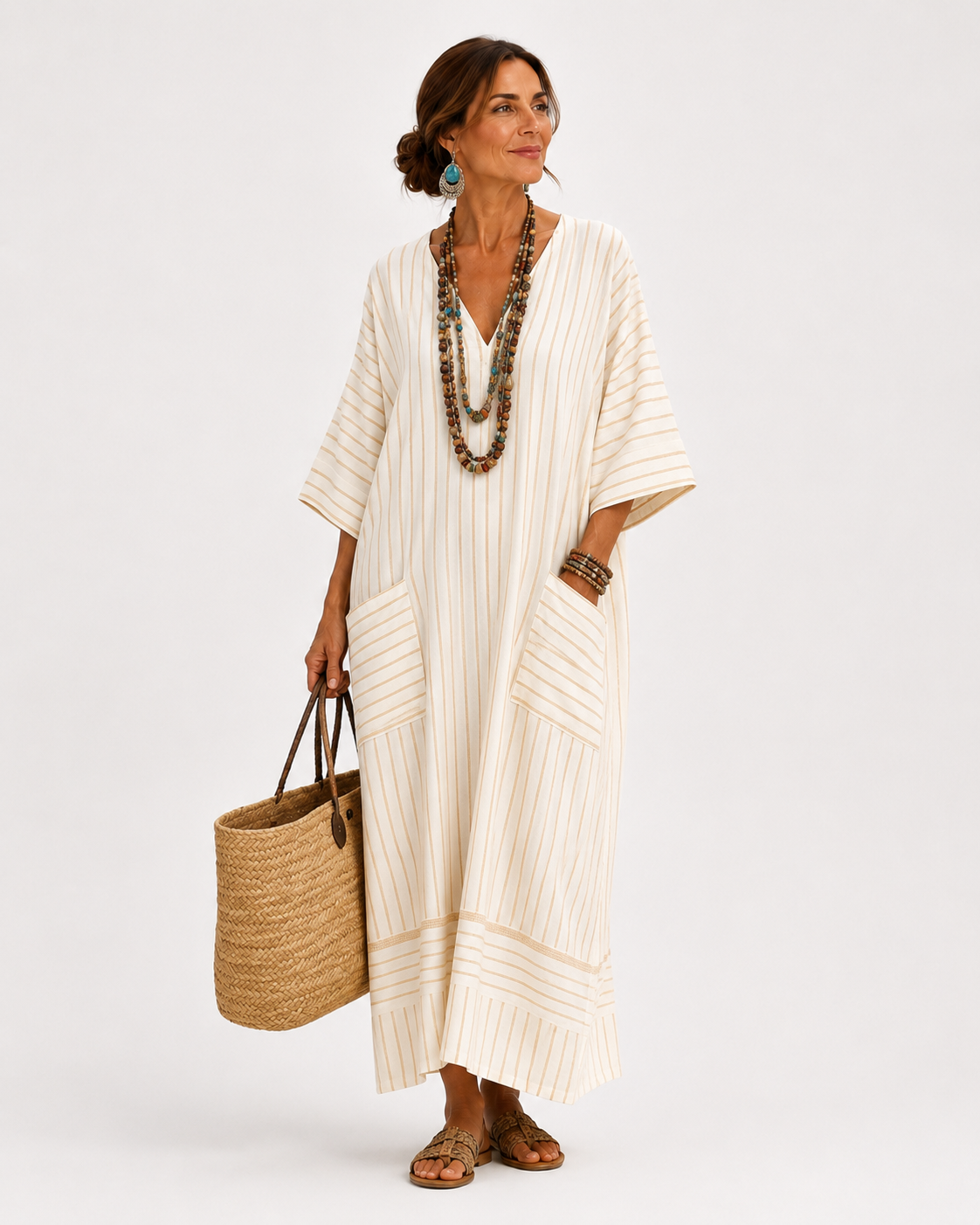 Beige Striped Farah Kaftan