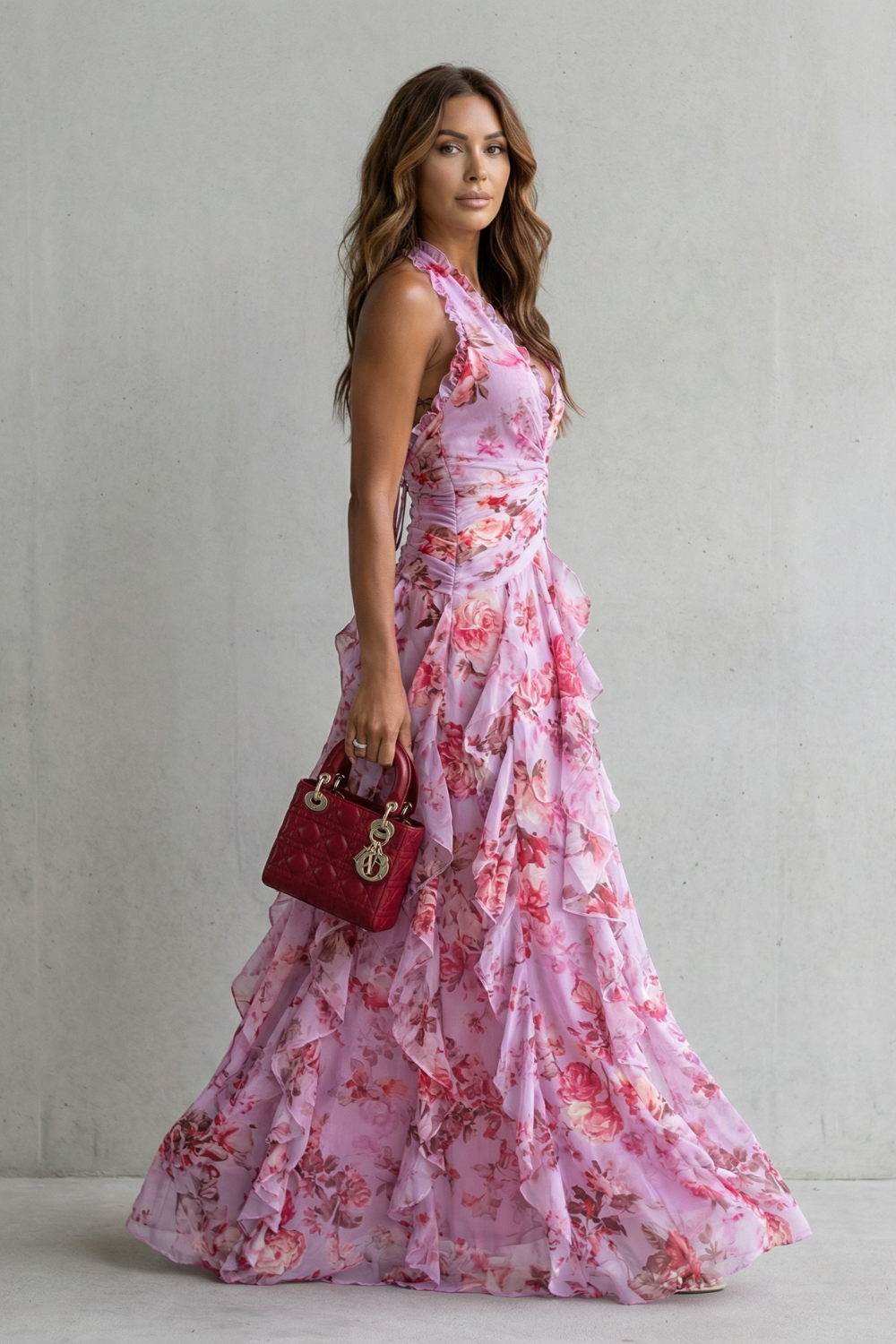 Belladina | Romantic Cascading Rose Maxi Dress with American Neckline