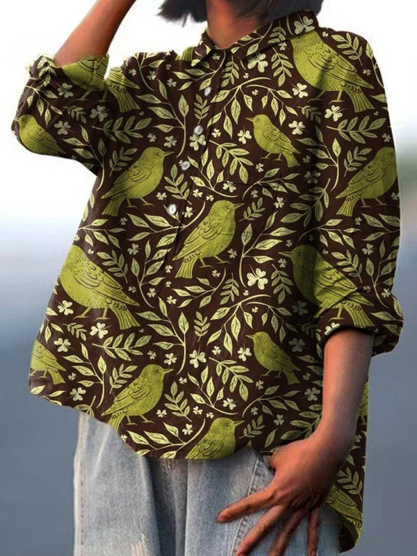 Nora | Women's Vintage Floral Bird Art Print Casual Shirt