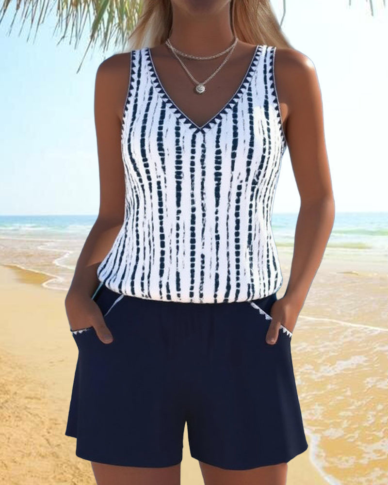 Mia | Casual Printed Two-Piece Swimsuit with V-Neck and Pockets