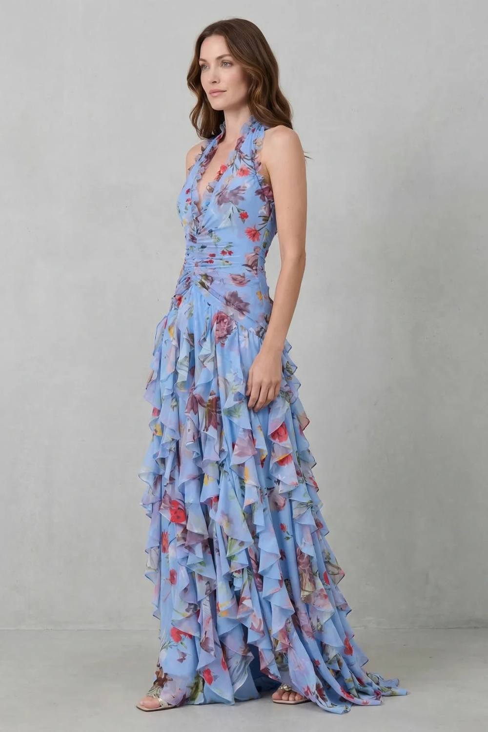 Belladina | Romantic Cascading Rose Maxi Dress with American Neckline