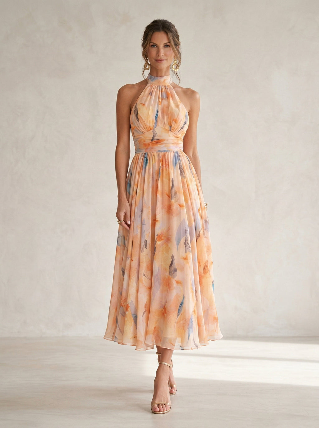 Halter Neck Dress with Watercolour Print
