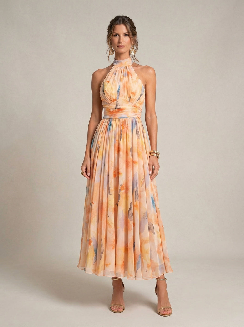 Halter Neck Dress with Watercolour Print