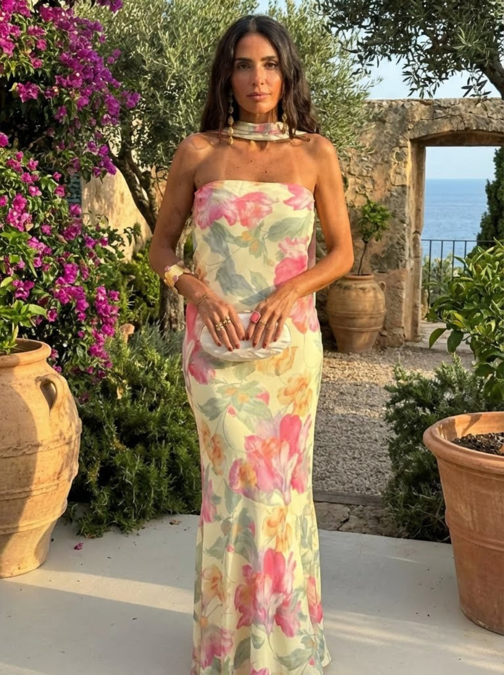 Long Strapless Floral Watercolour Dress