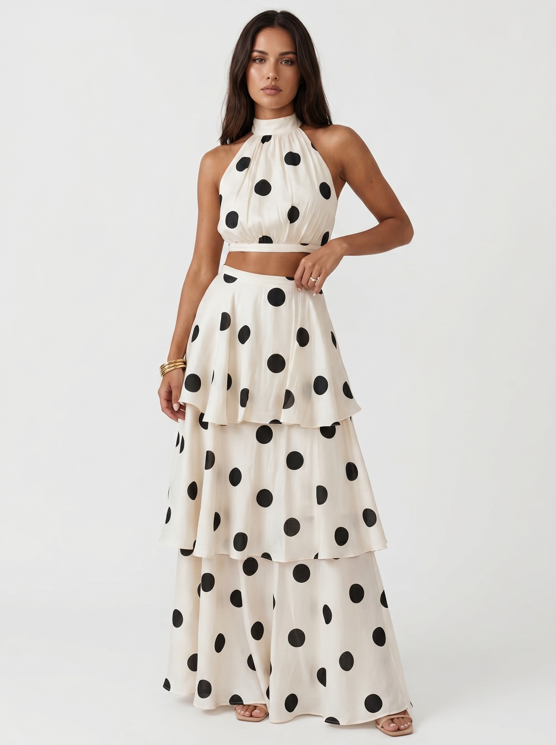 Top and long skirt set with polka dots