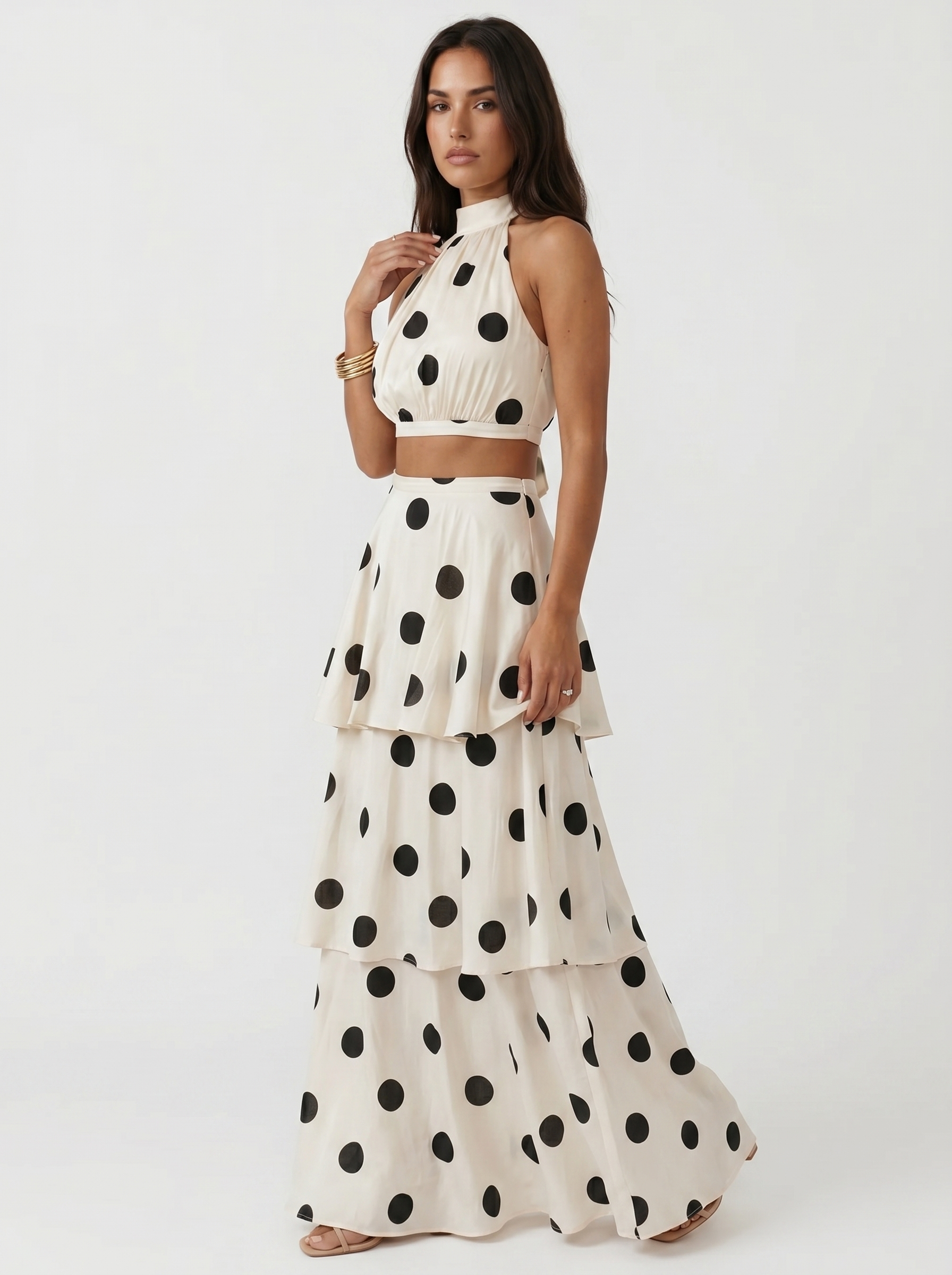 Top and long skirt set with polka dots