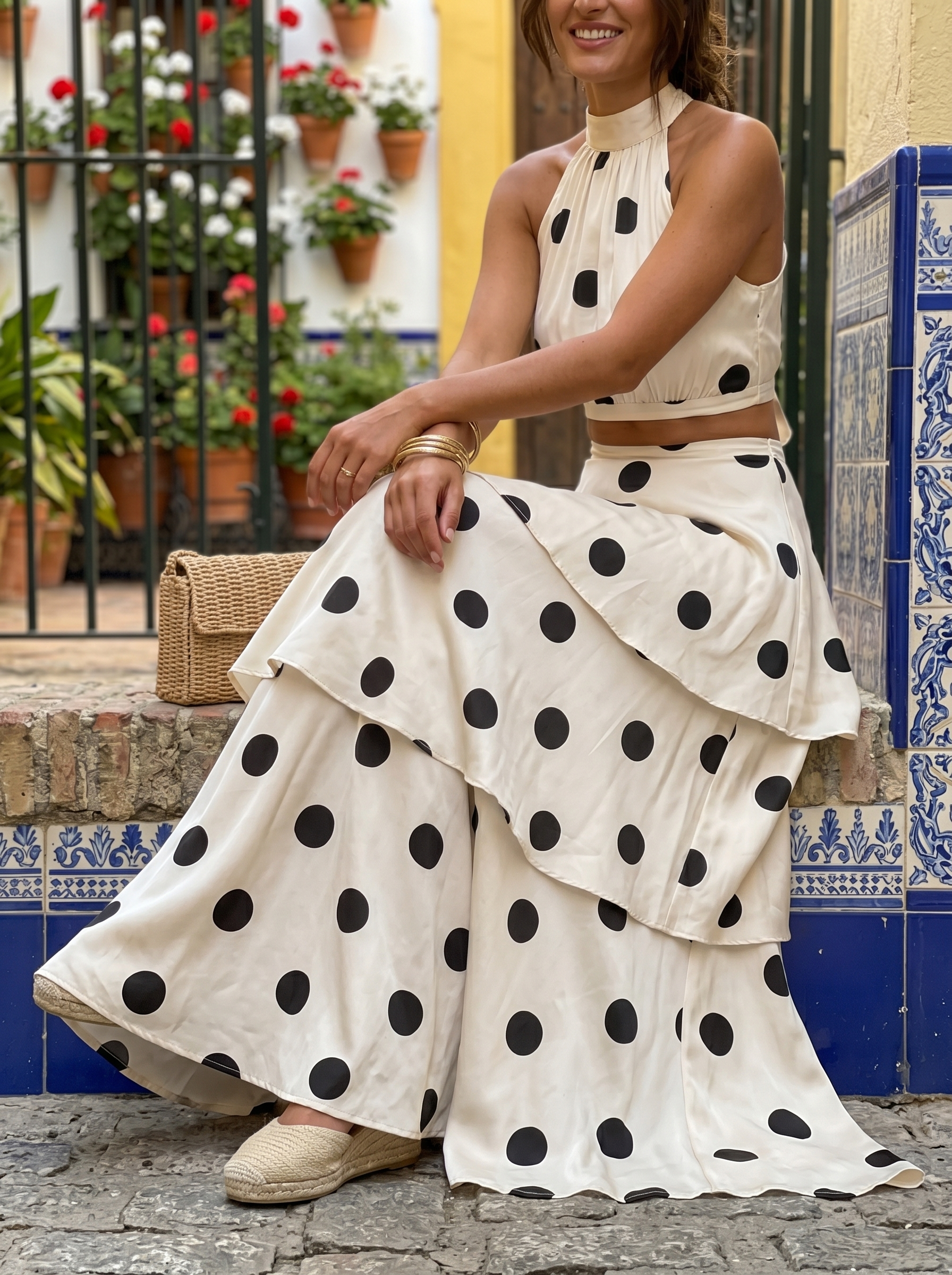 Top and long skirt set with polka dots