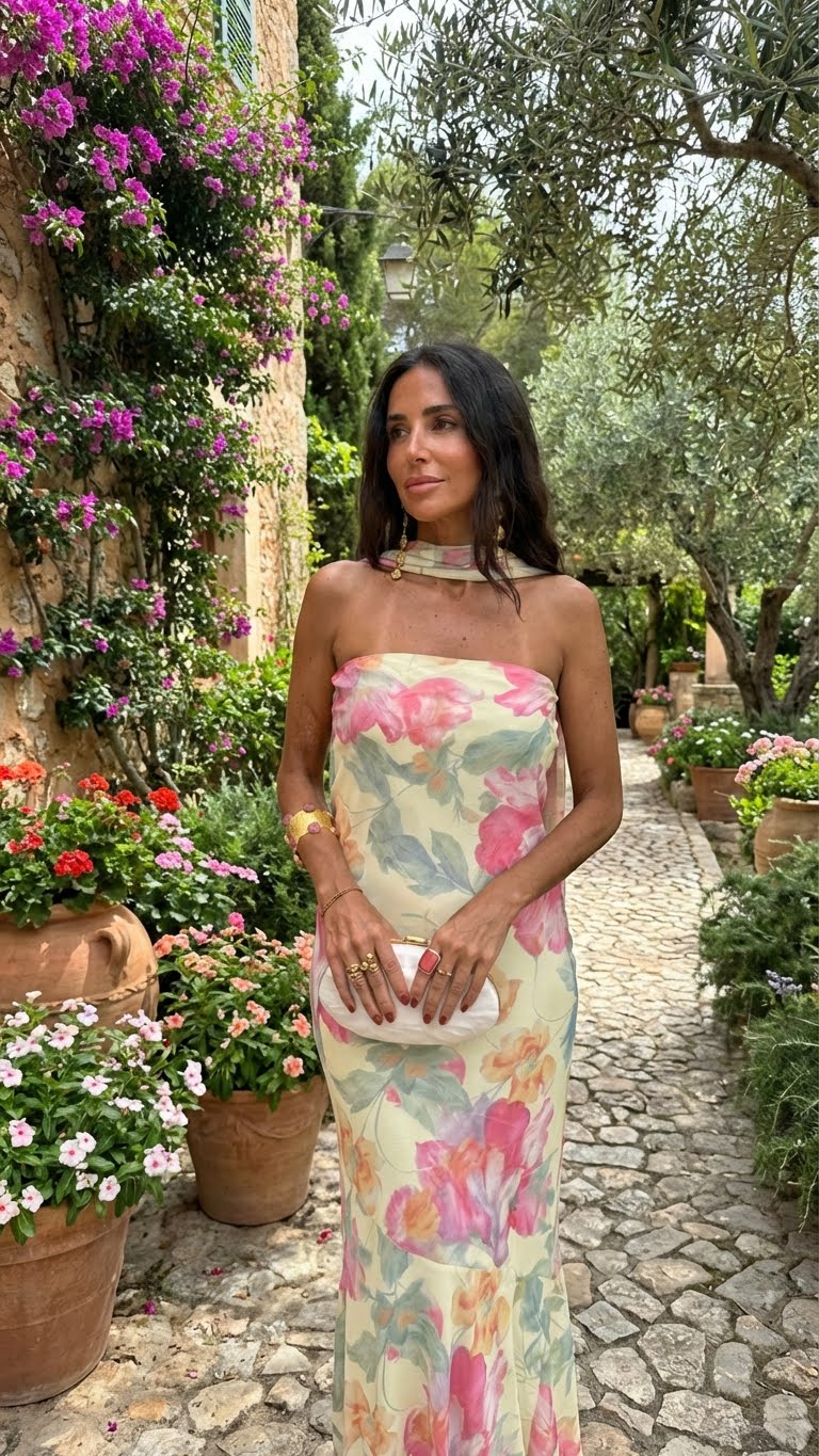 Long Strapless Floral Watercolour Dress