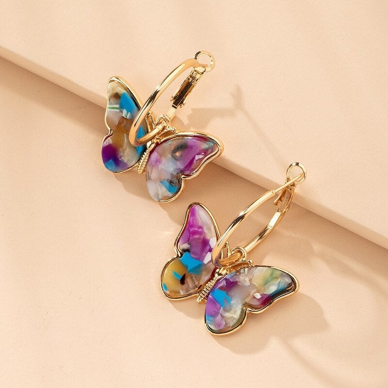 Gold Multicoloured Butterfly Hoop Earrings