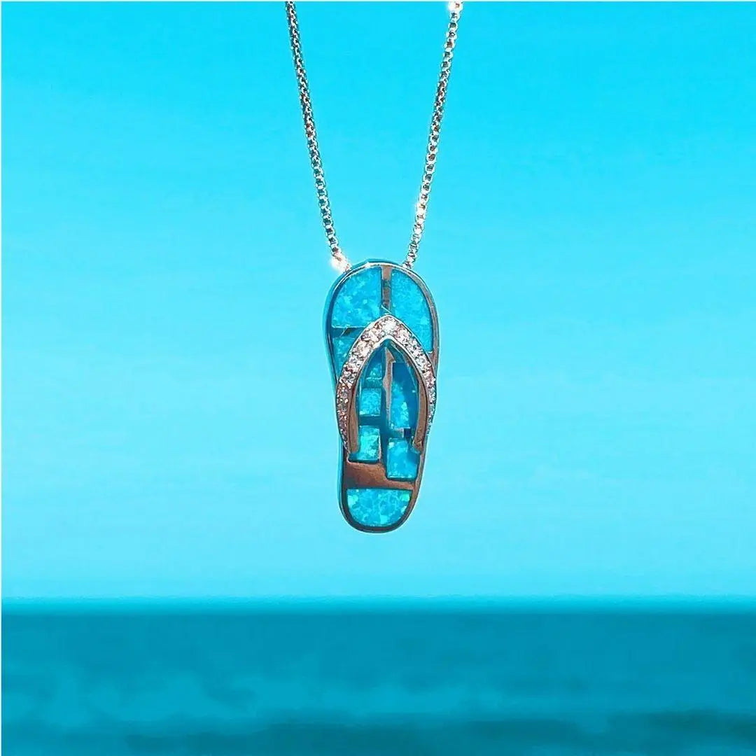 Silver Flip Flop Pendant Necklace with Blue Opal
