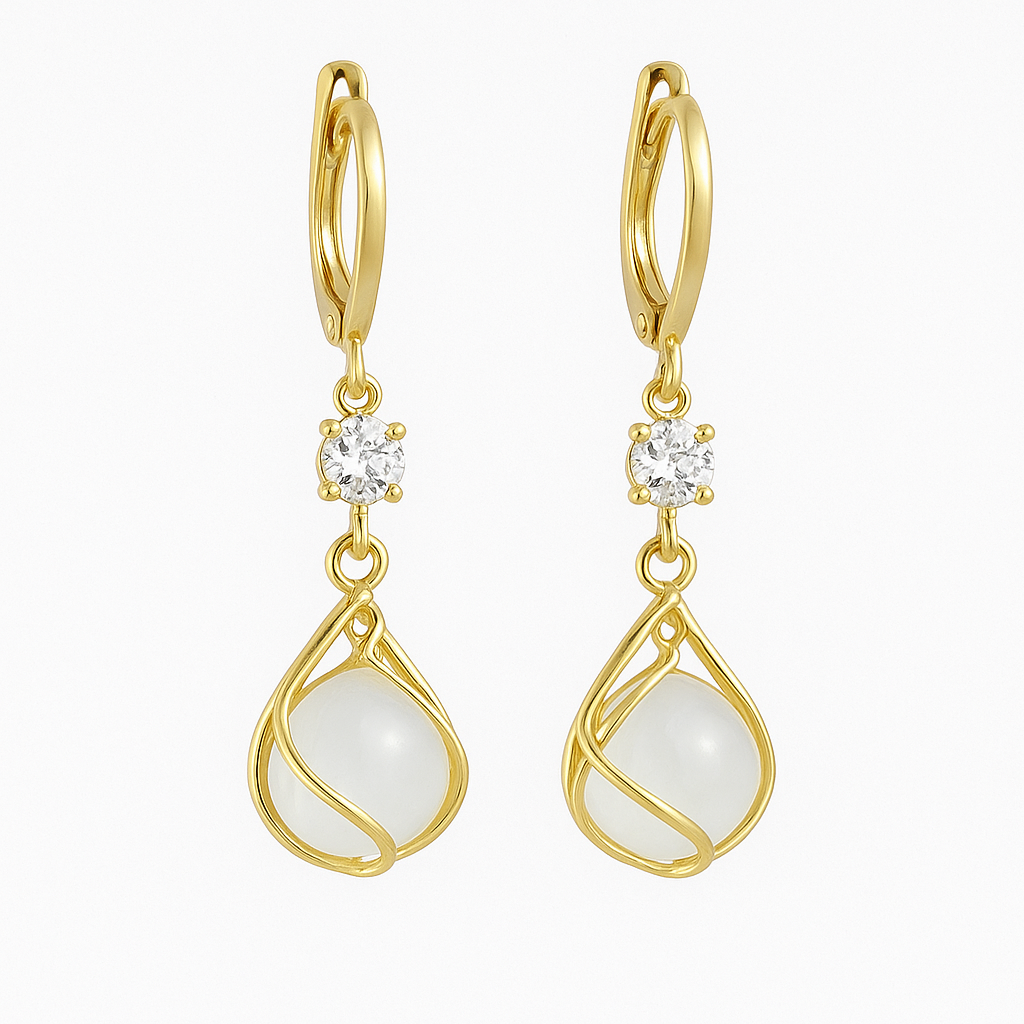 Gold Drop Earrings with White Opal