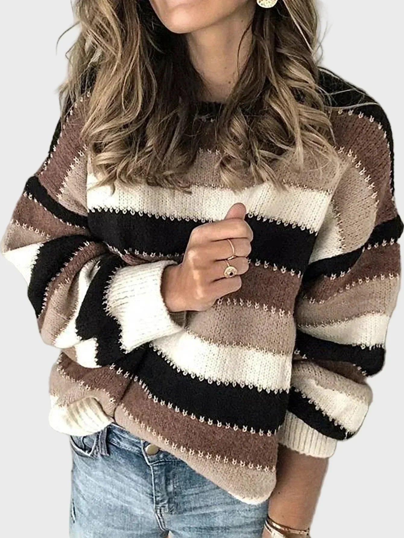 Riin | Knitted High Neck Striped Shirt