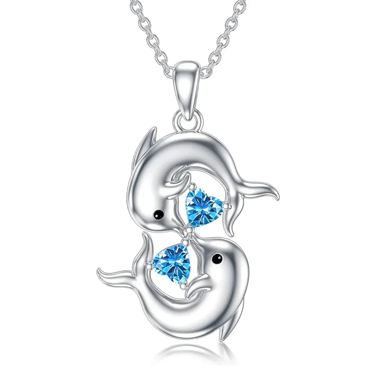 Silver Necklace with Double Dolphins and Blue Crystal