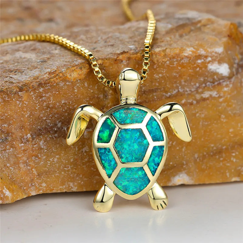 Vintage Green Fire Opal Turtle Pendant Necklace