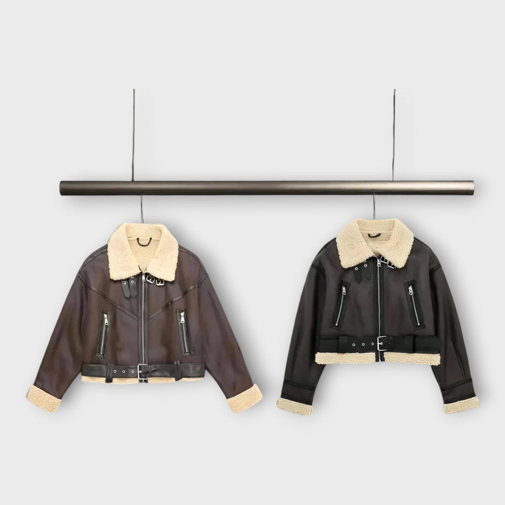 Helmi | Short leather jacket with fur and belt