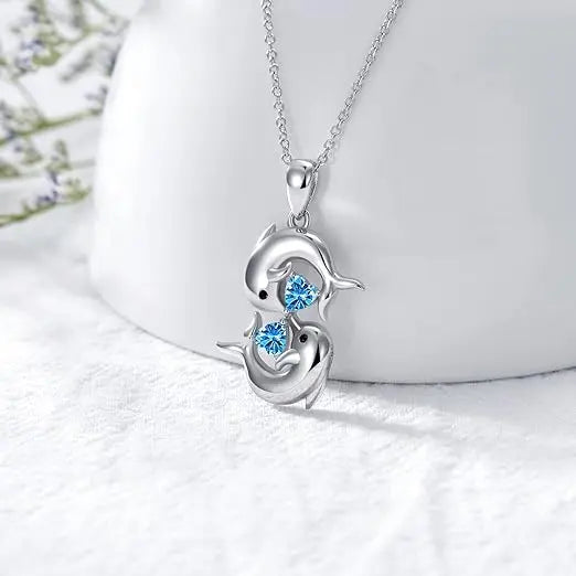 Silver Necklace with Double Dolphins and Blue Crystal
