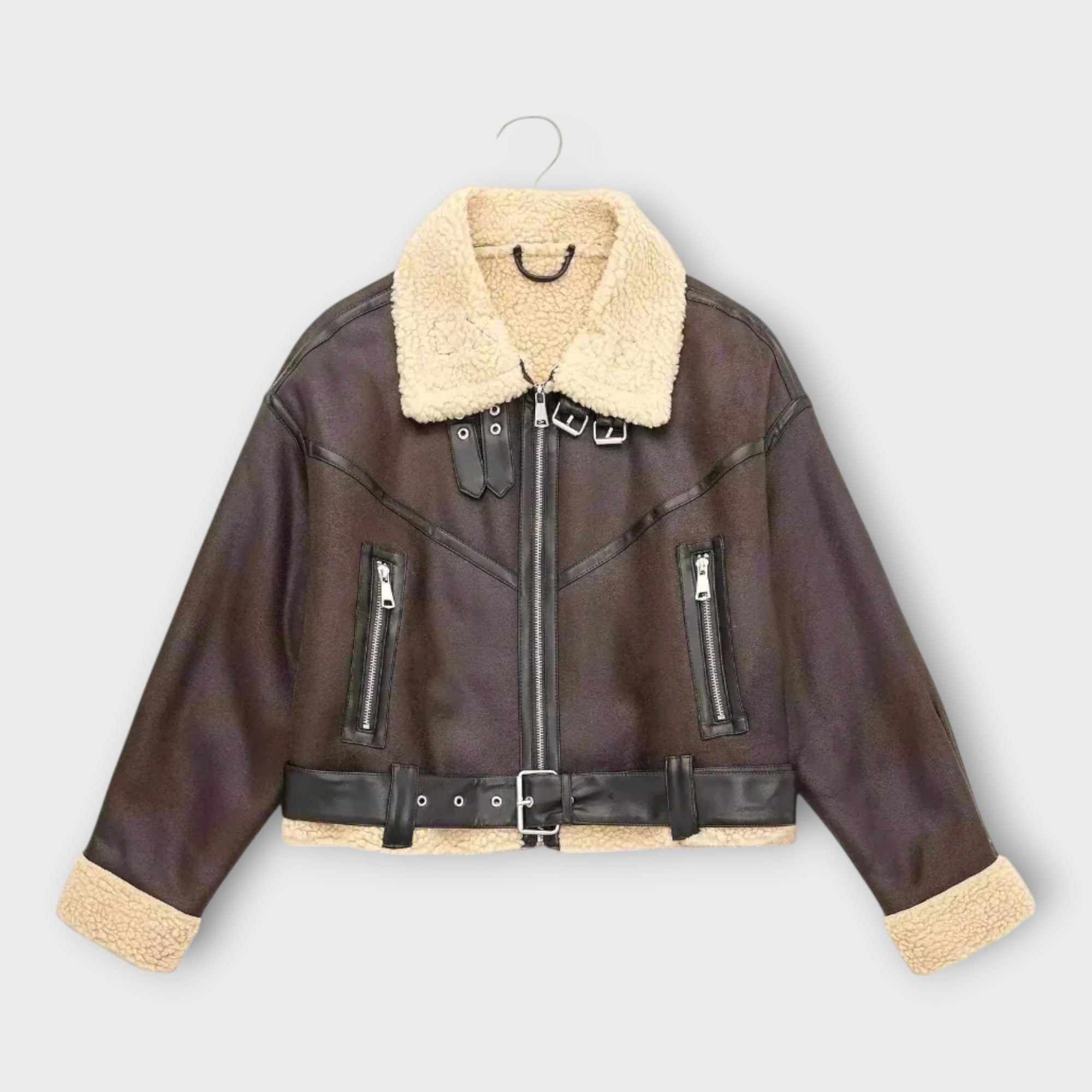 Helmi | Short leather jacket with fur and belt