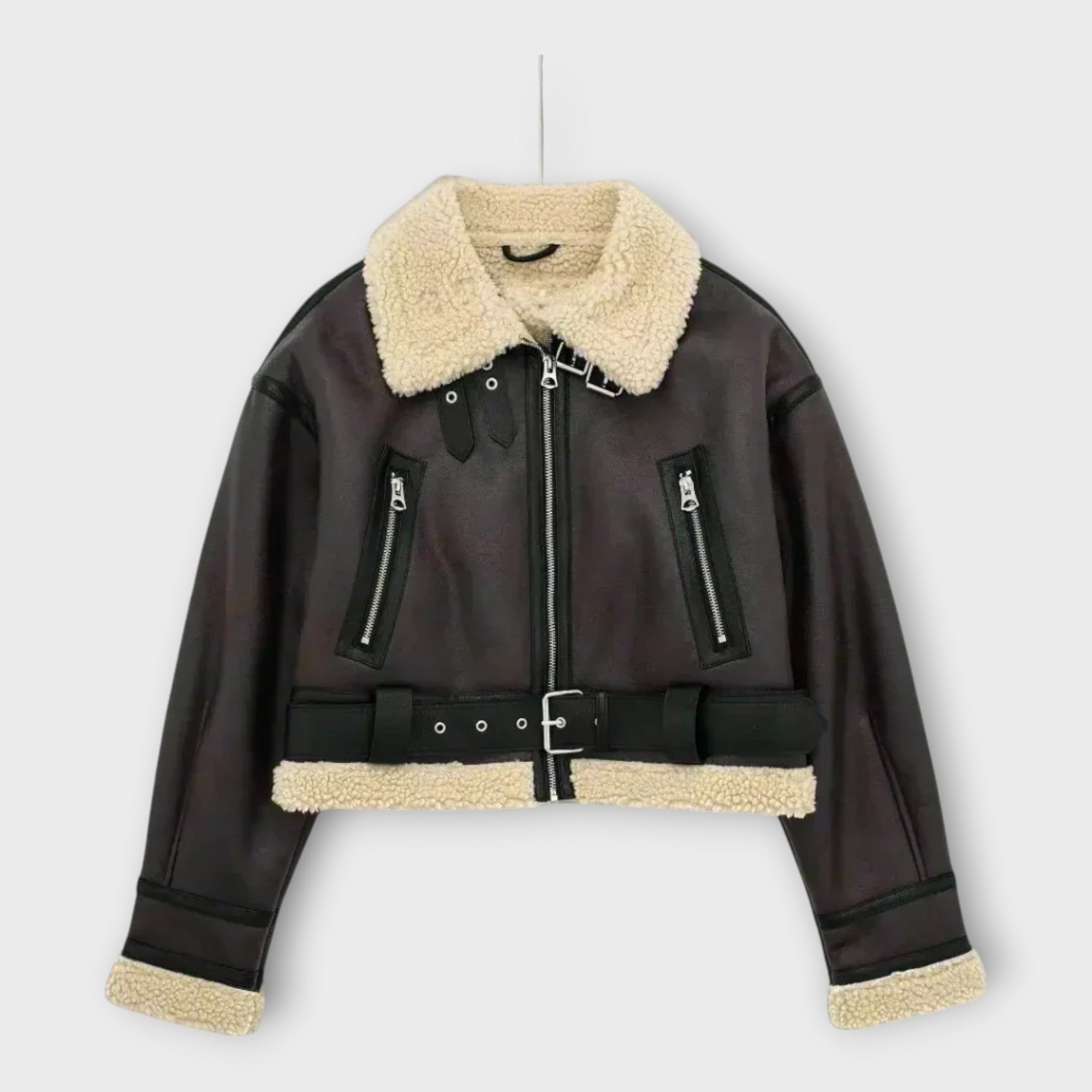 Helmi | Short leather jacket with fur and belt