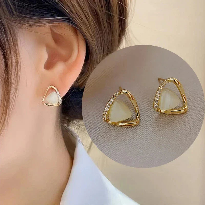 Sophisticated Triangular Earrings with Opal and Crystals
