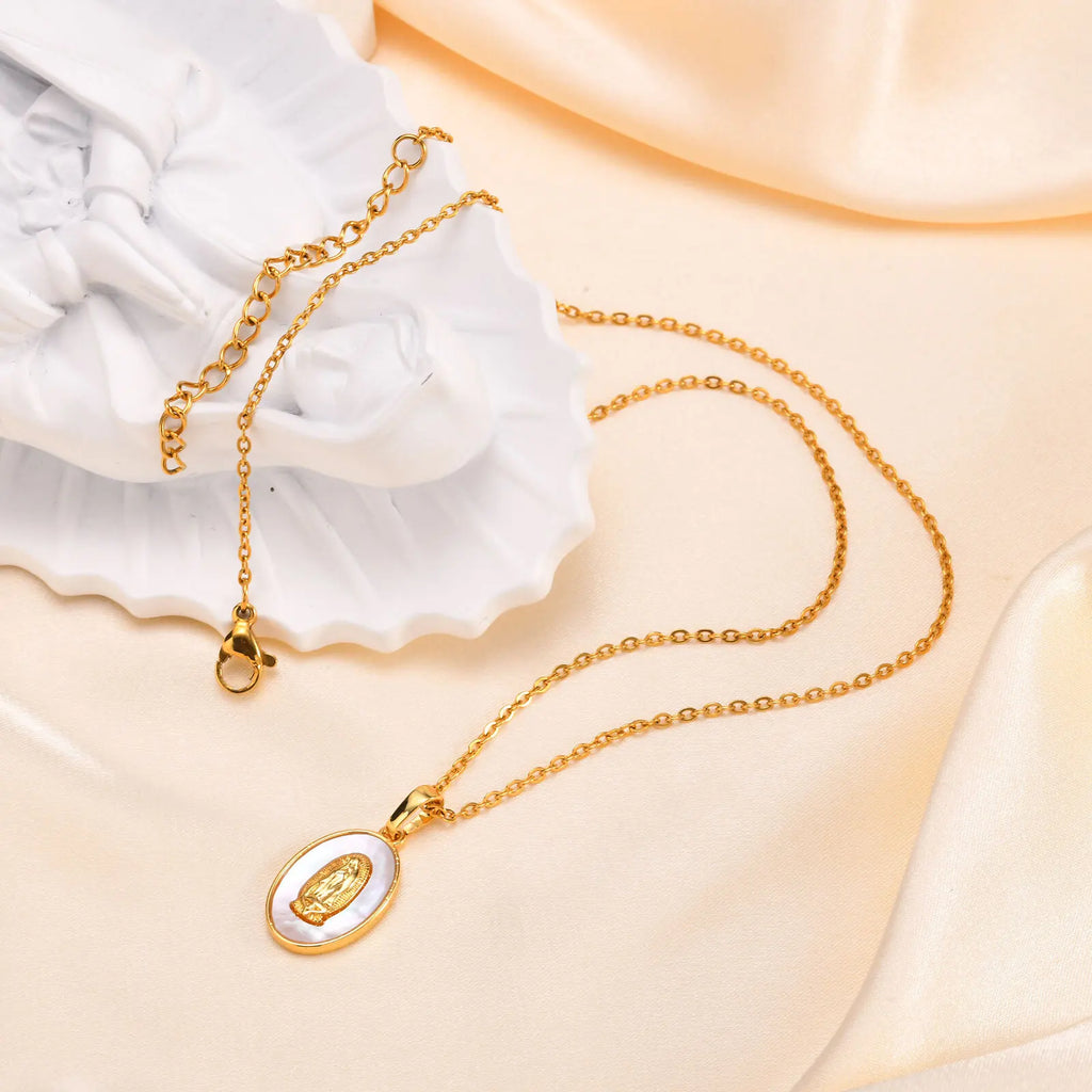 Gold Virgin Mary Oval Pendant Necklace