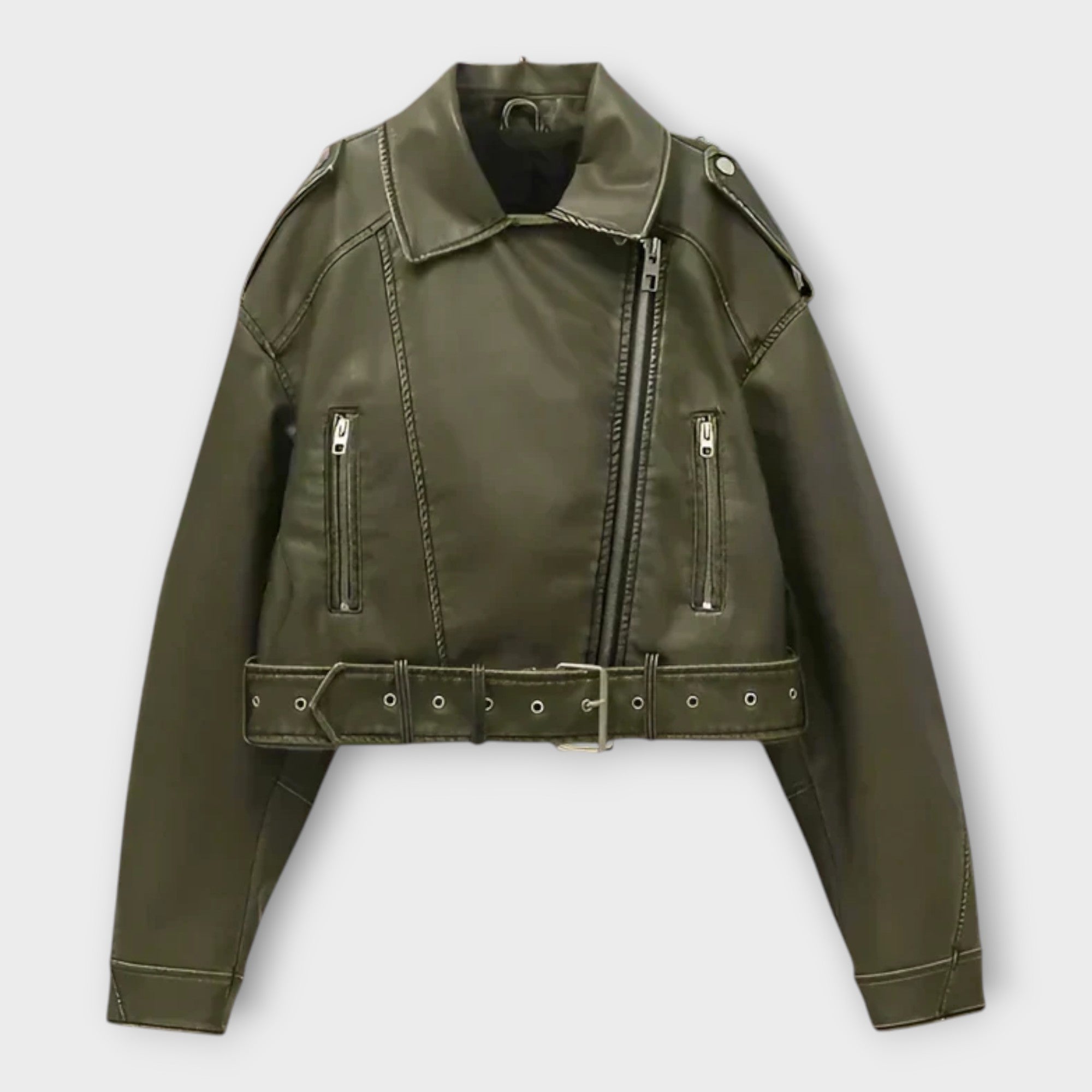 Riin | Stylish short leather jacket with belt and elegant appearance