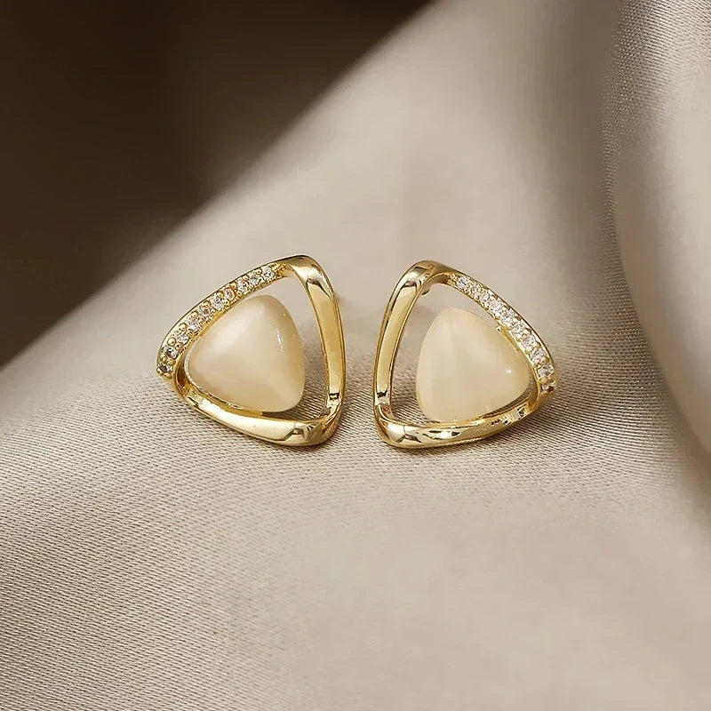 Sophisticated Triangular Earrings with Opal and Crystals