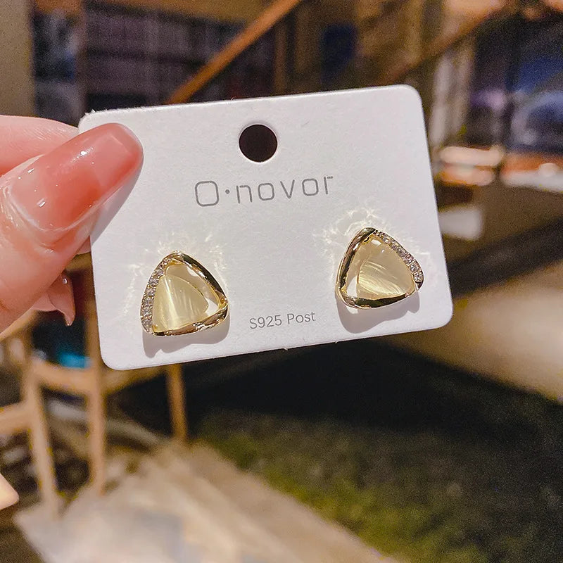 Sophisticated Triangular Earrings with Opal and Crystals