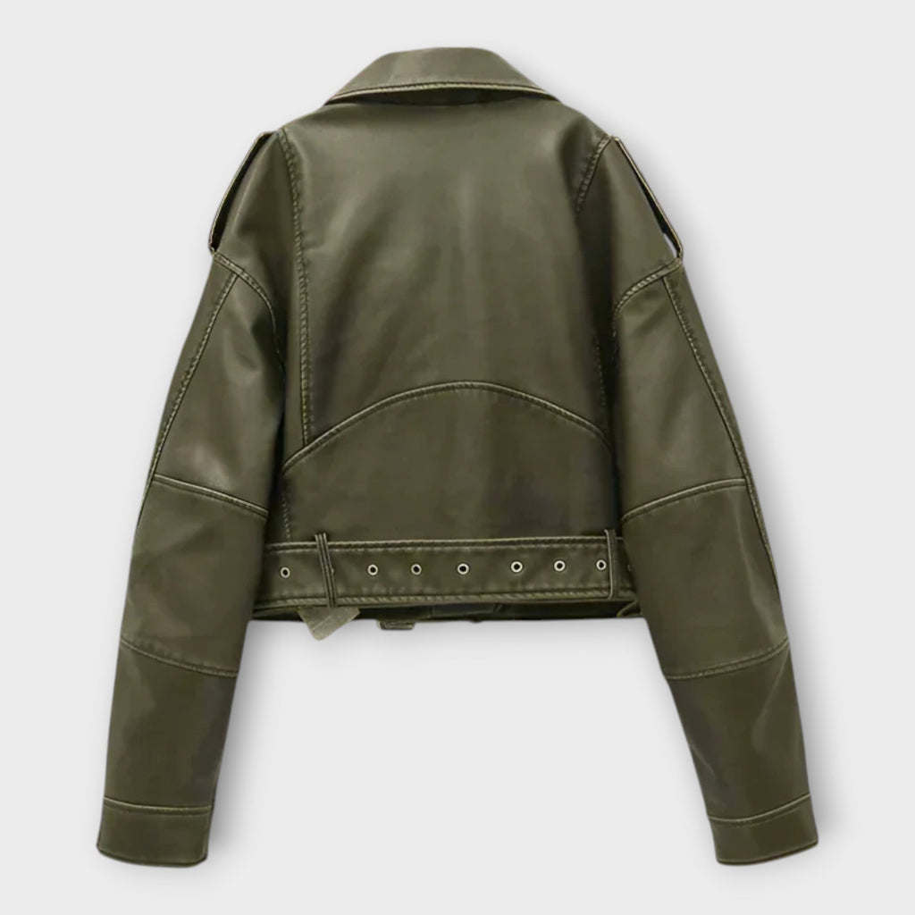 Riin | Stylish short leather jacket with belt and elegant appearance