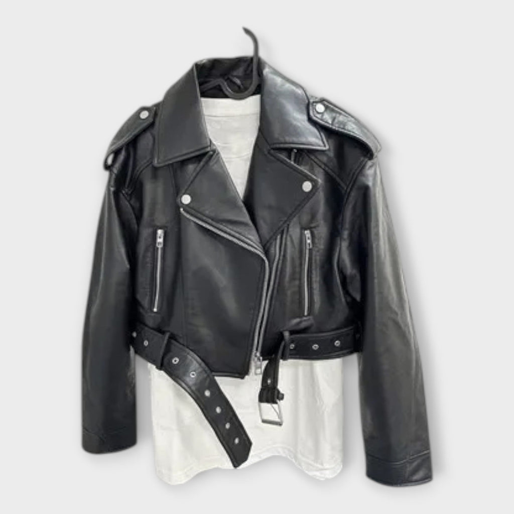 Riin | Stylish short leather jacket with belt and elegant appearance