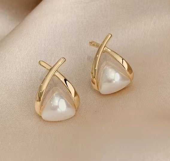 Vintage drop earrings with cross and triangle-shaped pearl