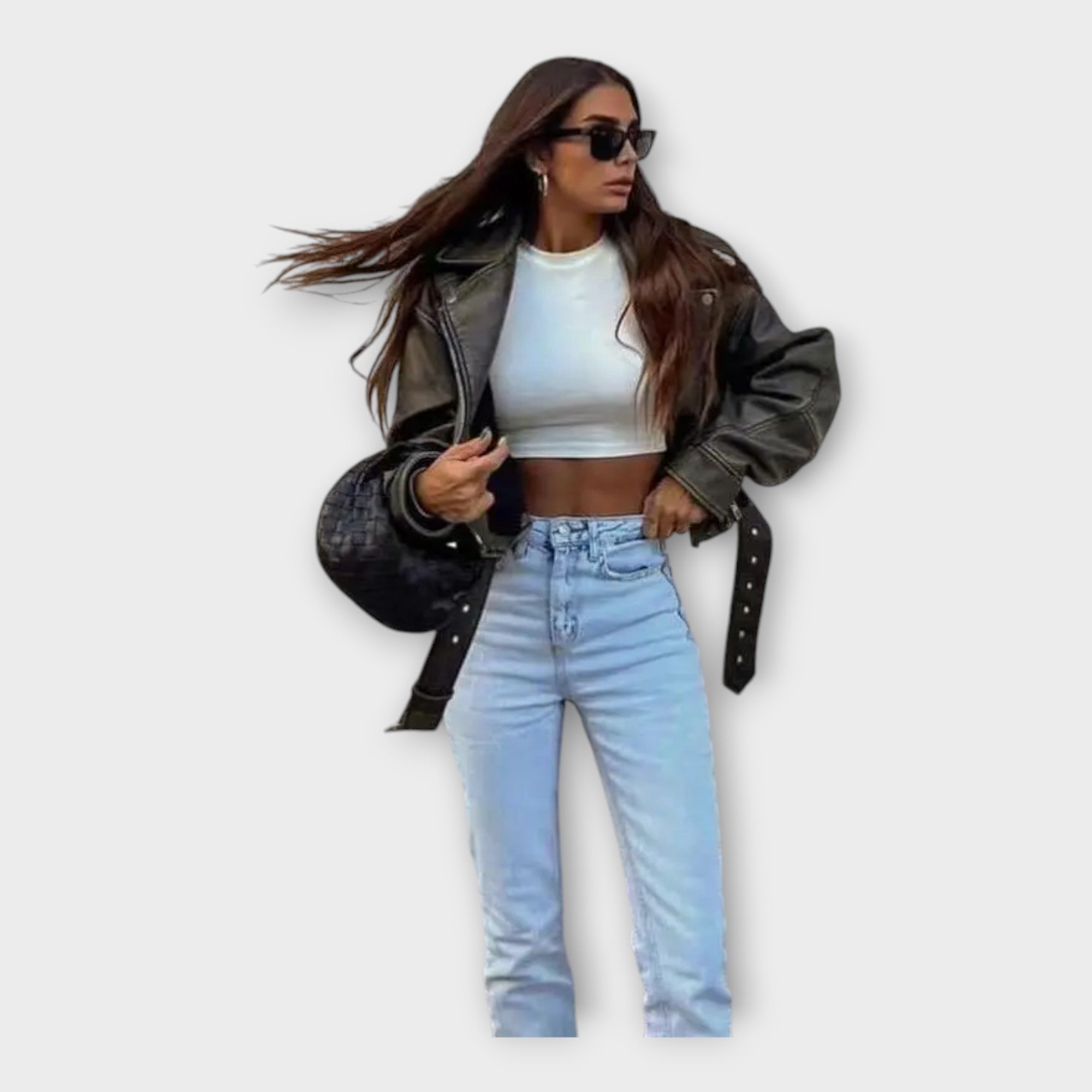 Riin | Stylish short leather jacket with belt and elegant appearance