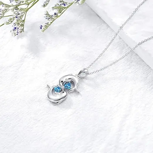 Silver Necklace with Double Dolphins and Blue Crystal