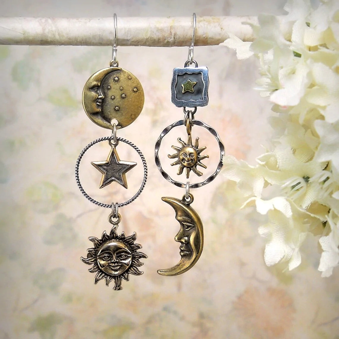 Dangling Earrings with Sun and Moon Pendant