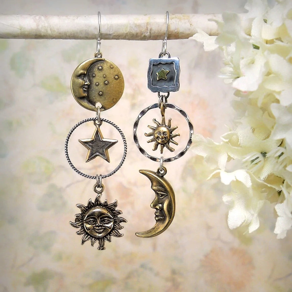 Drop Earrings with Sun and Moon Pendant