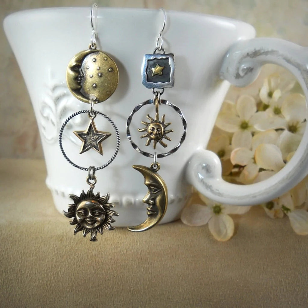 Dangling Earrings with Sun and Moon Pendant