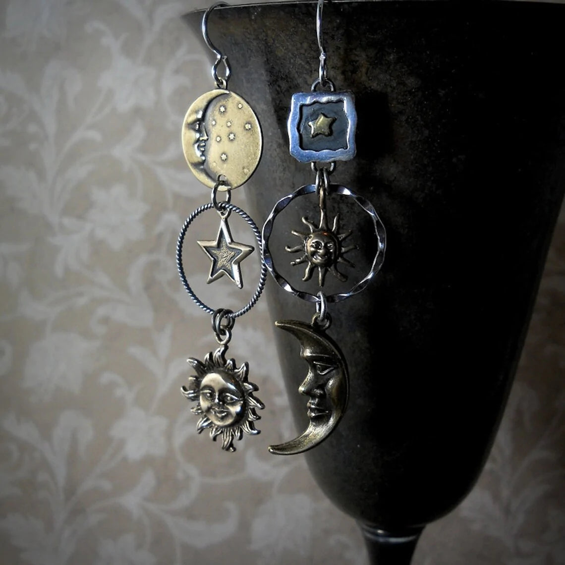 Dangling Earrings with Sun and Moon Pendant