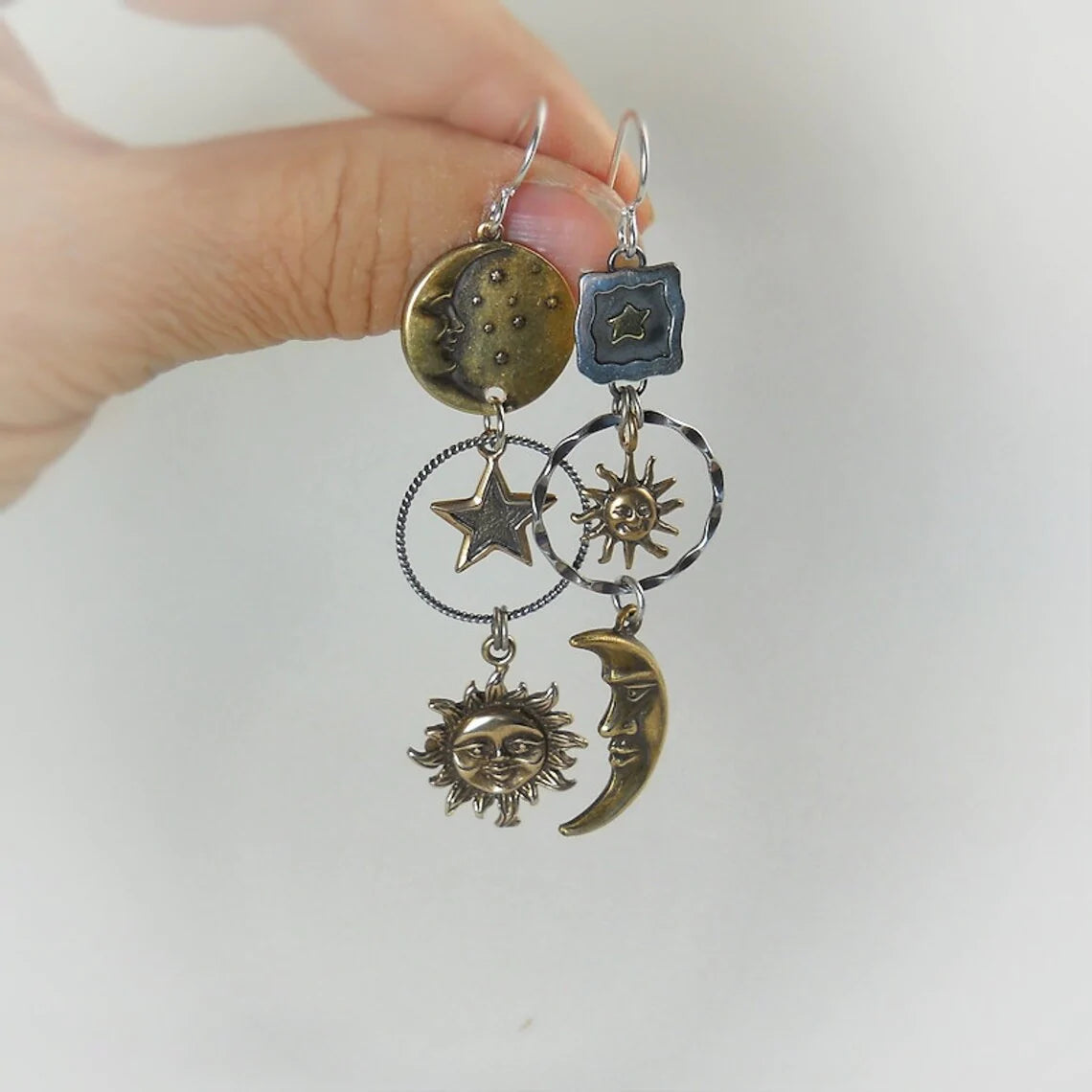 Dangle Earrings with Sun and Moon Pendant